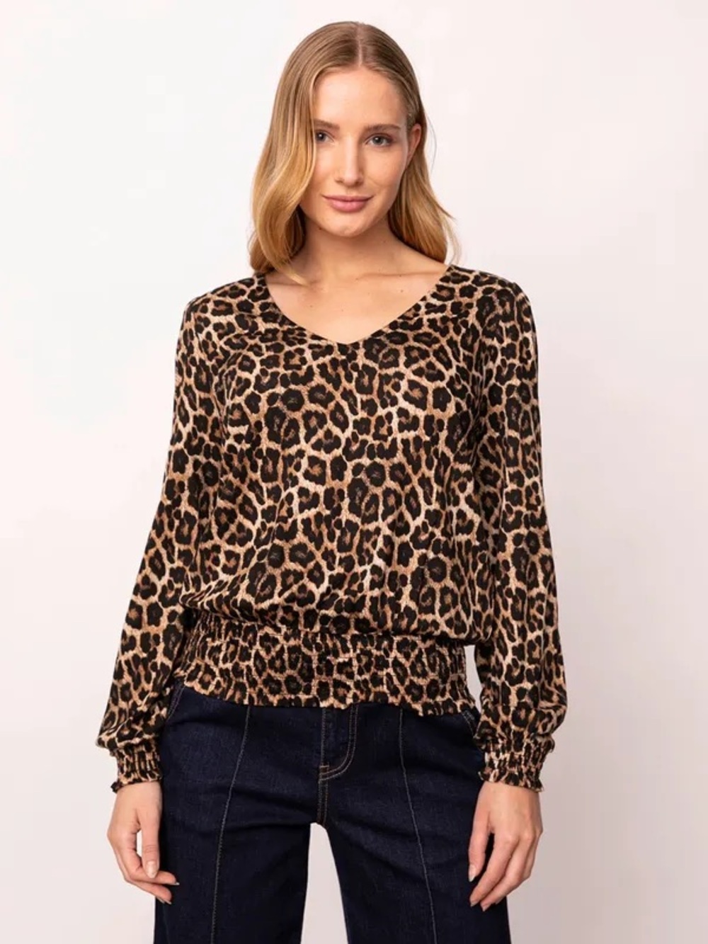 Michael Kors Leopard Print Long Sleeve V-Neck Top - Brown/Black